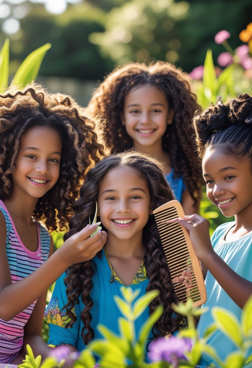 A group of young girls with natural hair smiling and caring for their hair outdoors in a garden.